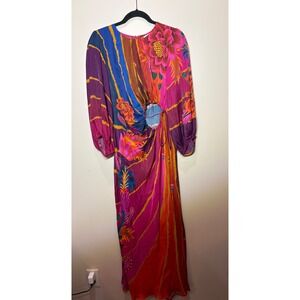 Farm Rio Wave Maxi Dress Floral Print Rainbow Peekaboo Midriff Size M, New